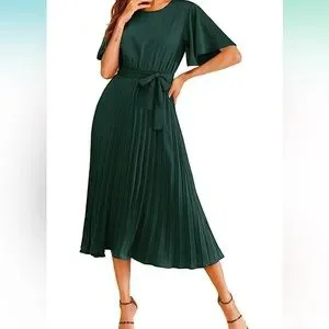 green emerald velvet dress Milumia Women's Elegant Belted Pleated Flounce Sleeve Long Dress Mint Green  Plain Large at Amazon Women's Clothing store main image 0